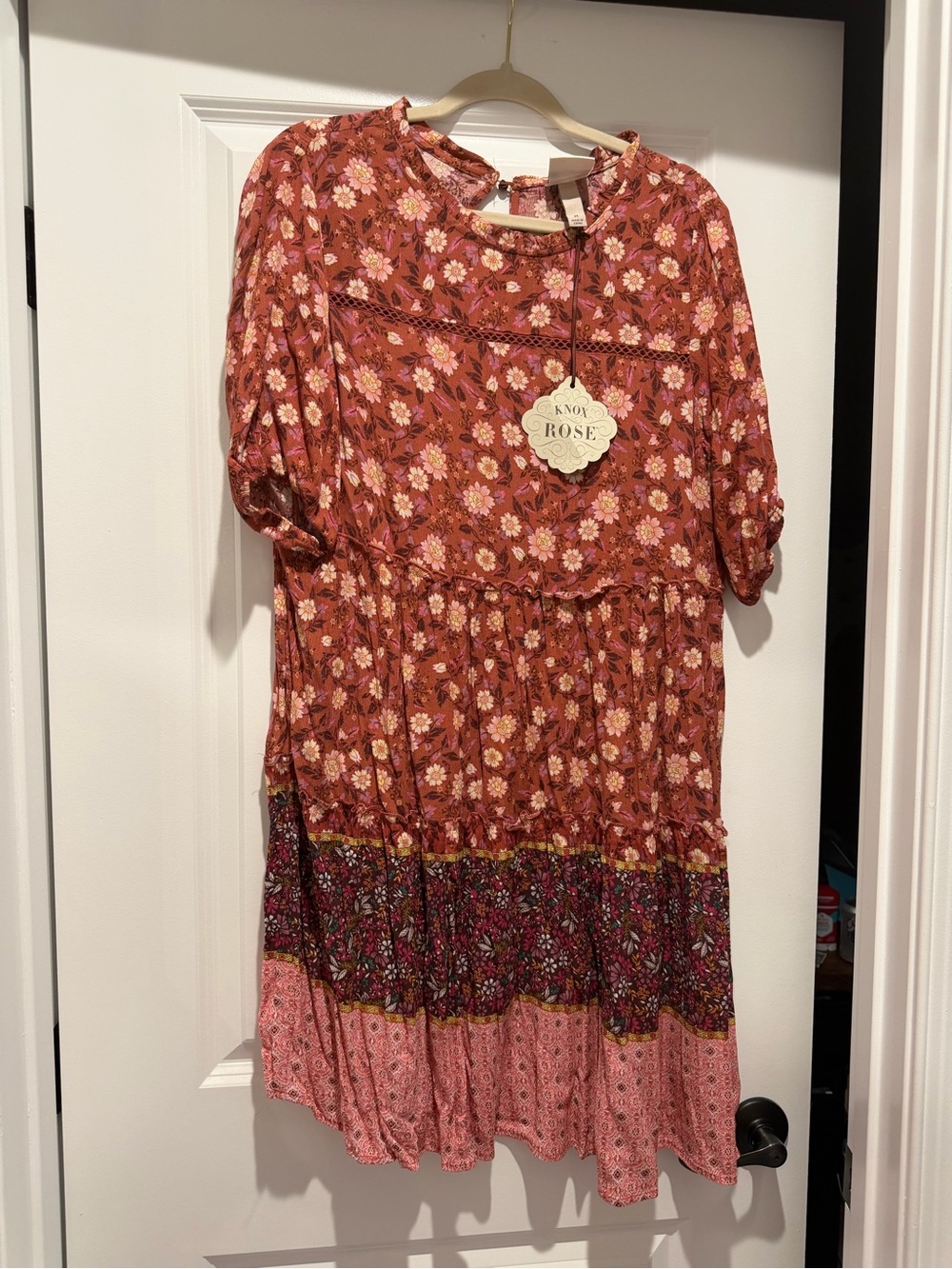 Knox Rose Rust Floral Tiered Boho Dress with Pink Accents
